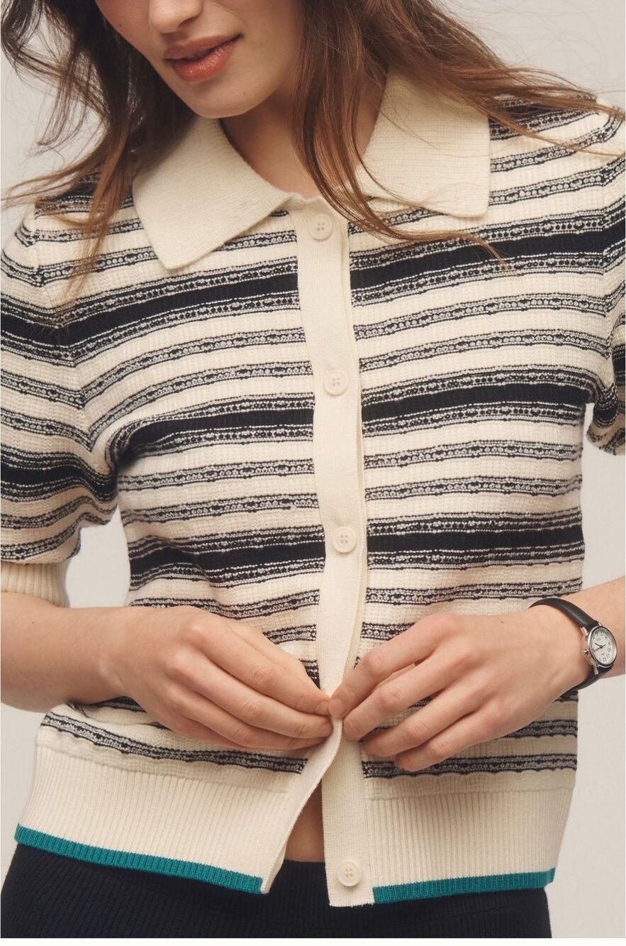 Maeve Anthropologie Striped Knit Polo Cardigan Sweater Black Cream Green Trim